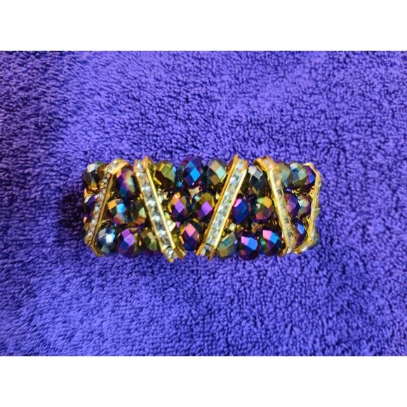 Gold-Tone Stretch Bracelet With Iridescent Beads & Crisscross Design - Picture 1 of 3